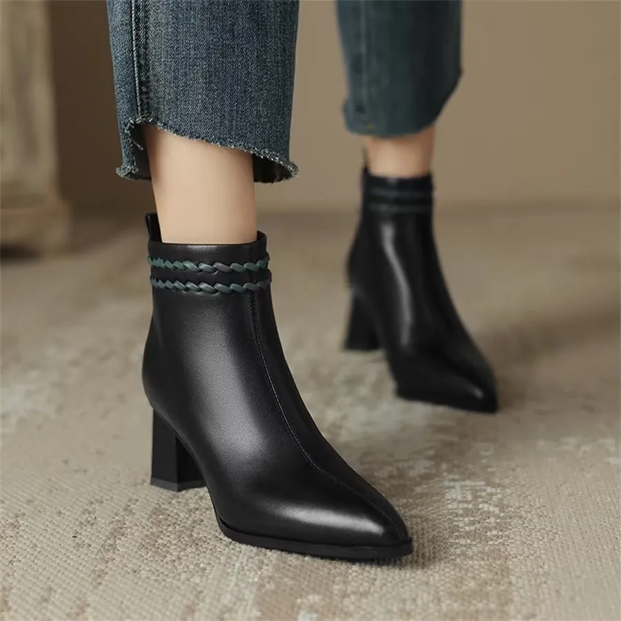 Elegant Cow Leather Pointed Toe Mid Ankle Boots