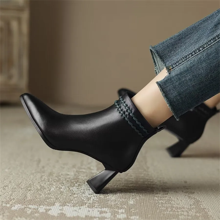 Elegant Cow Leather Pointed Toe Mid Ankle Boots