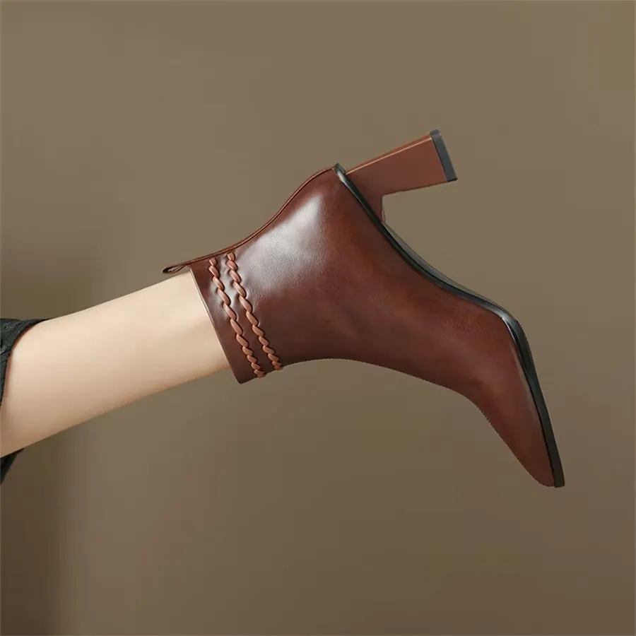 Elegant Cow Leather Pointed Toe Mid Ankle Boots