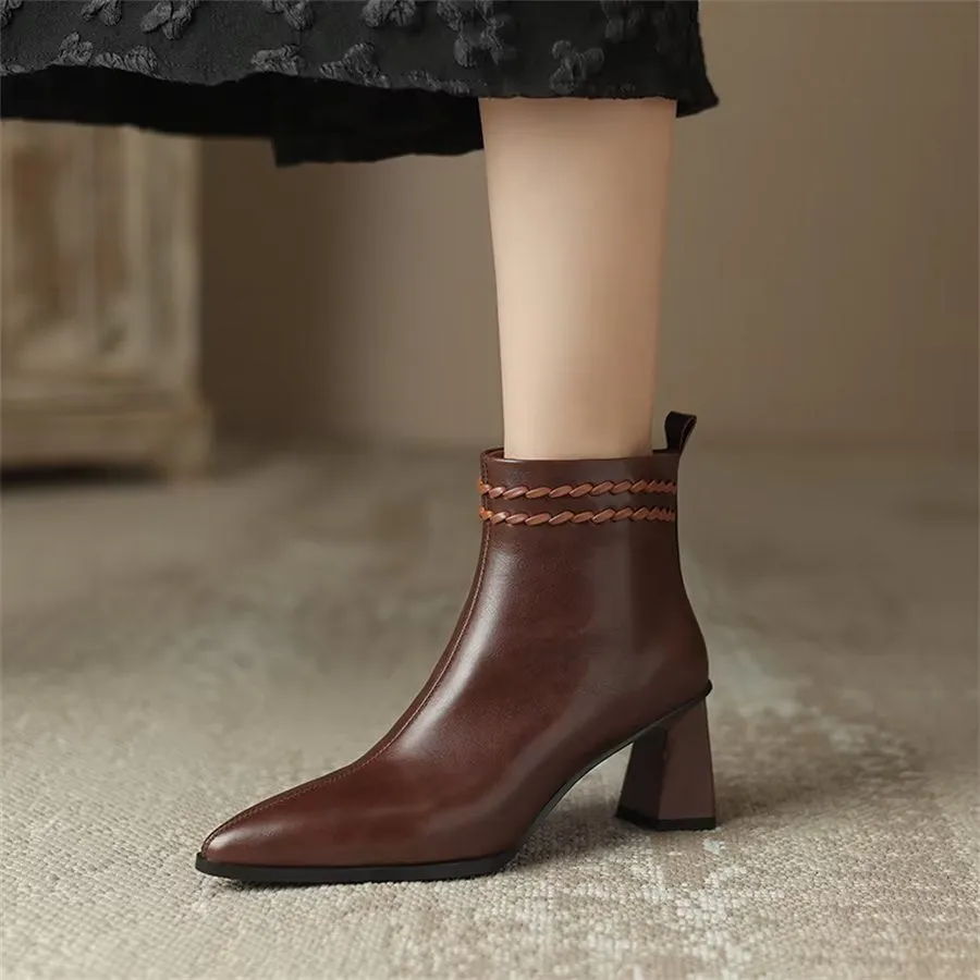 Elegant Cow Leather Pointed Toe Mid Ankle Boots