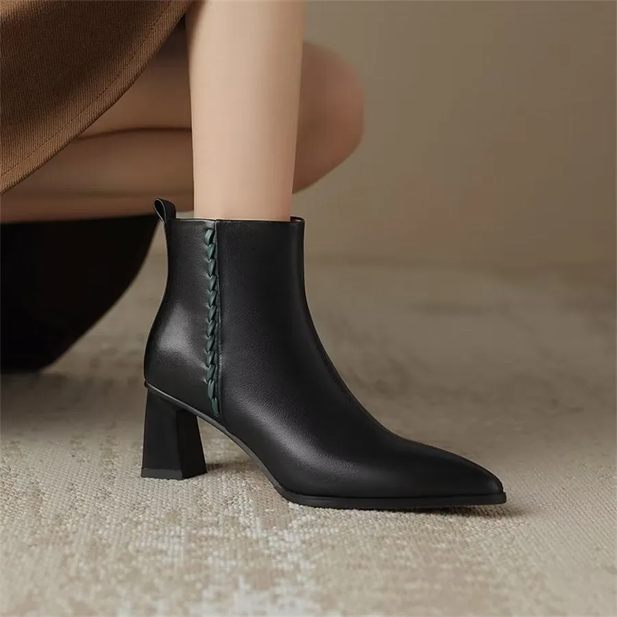 Elegant Cow Leather Pointed Toe Short Ankle Boots