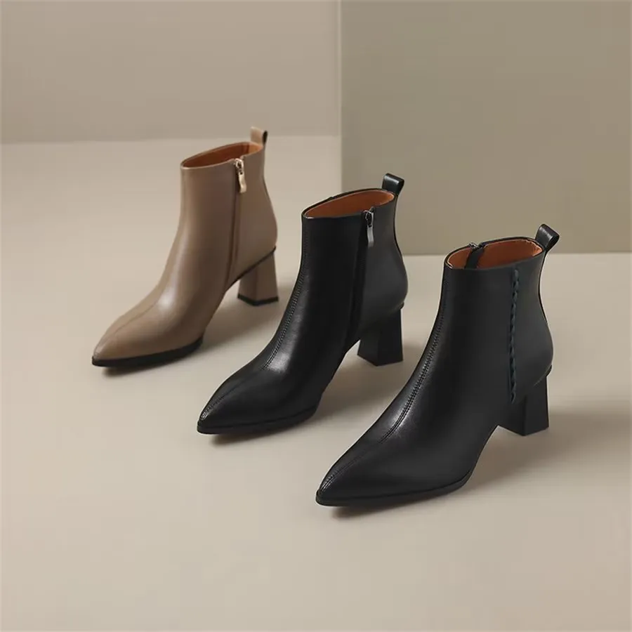 Elegant Cow Leather Pointed Toe Short Ankle Boots