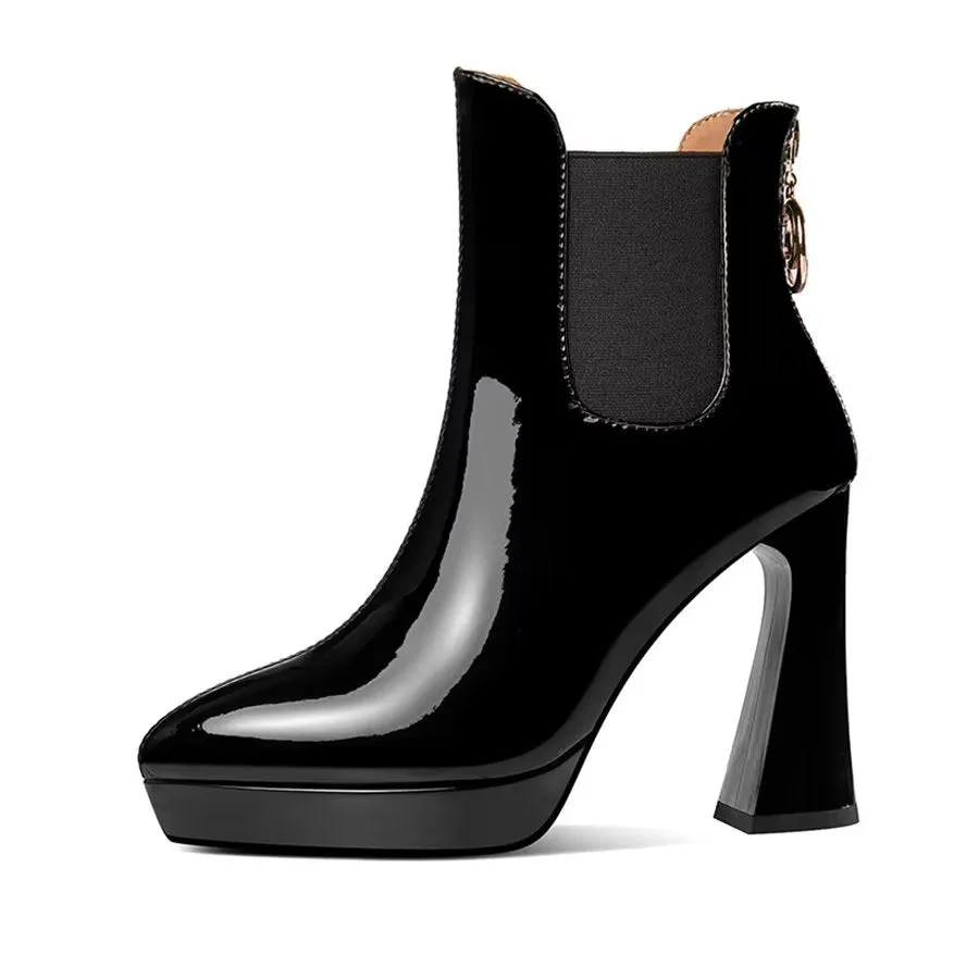 Elegant Zipper Pointed Toe Block High Heel Boots