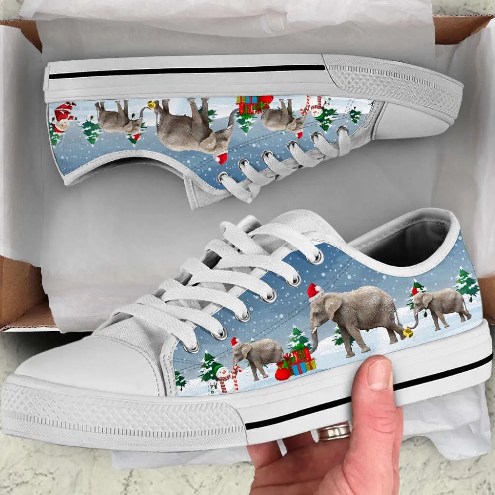 Elephant Merry Christmas Low Top Shoes Receive Xmas Gift Canvas Shoes, Animal Print Canvas Shoes, Print On Canvas Shoes