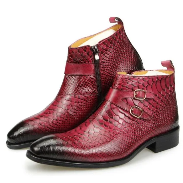 Exotic Leather Snakeskin Pattern Zipper Ankle Boots