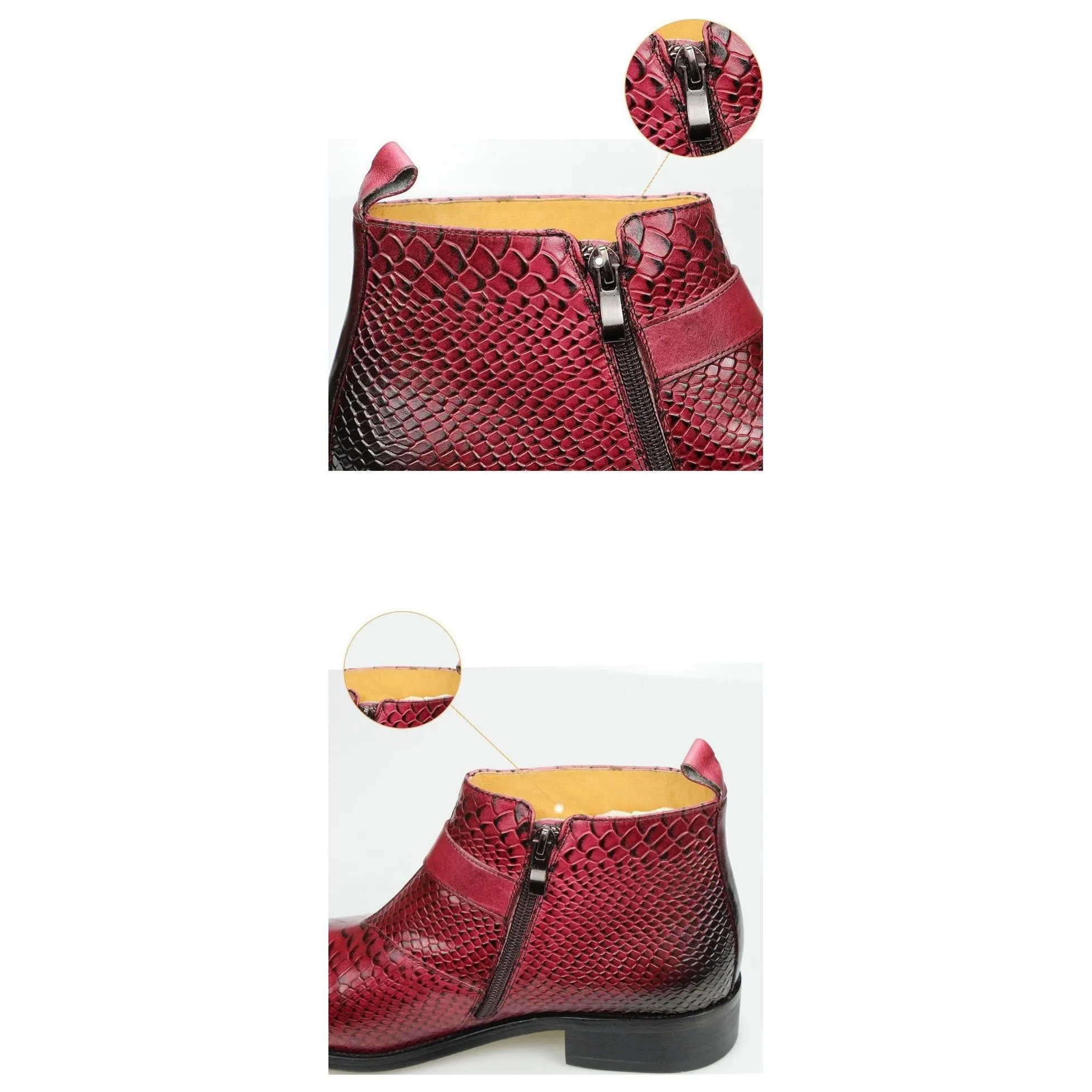 Exotic Leather Snakeskin Pattern Zipper Ankle Boots