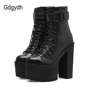 Fashion Motorcycle Boots Women Leather Spring Autumn Metal Buckle High Heels Shoes Zipper Black Ankle Boots Woman Lacing