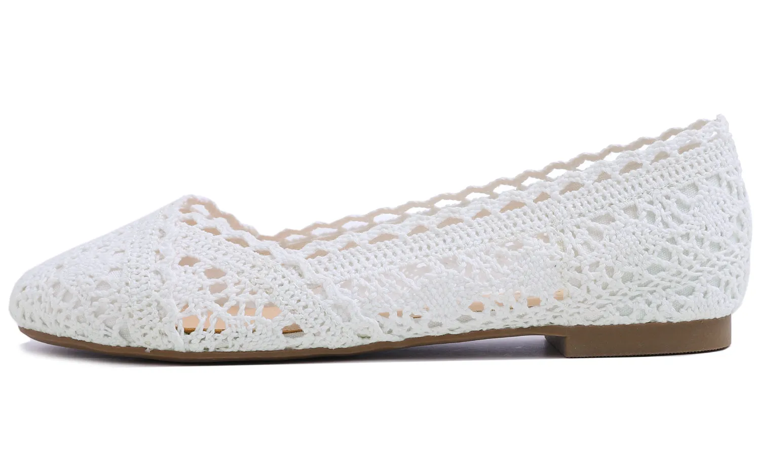 Feversole Round Toe Lace Ballet Crochet Flats Women's Comfy Breathable Shoes White Knit Crochet