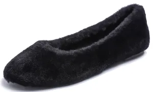 Feversole Women's Fashion Round Toe Puffy Warm Comfort Home Indoor Winter Soft Ballet Slippers Black Plush