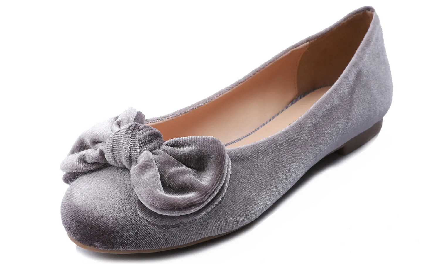 Feversole Women's Round Toe Cute Bow Trim Ballet Flats Grey Velvet Twist Bow