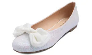 Feversole Women's Round Toe Cute Bow Trim Ballet Flats White Glitter