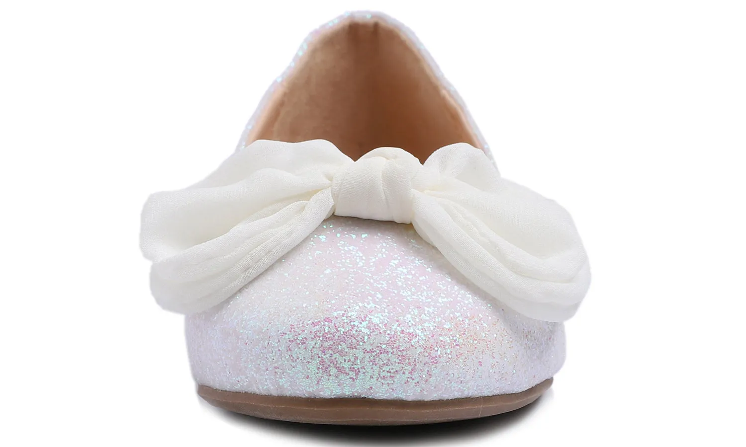 Feversole Women's Round Toe Cute Bow Trim Ballet Flats White Glitter