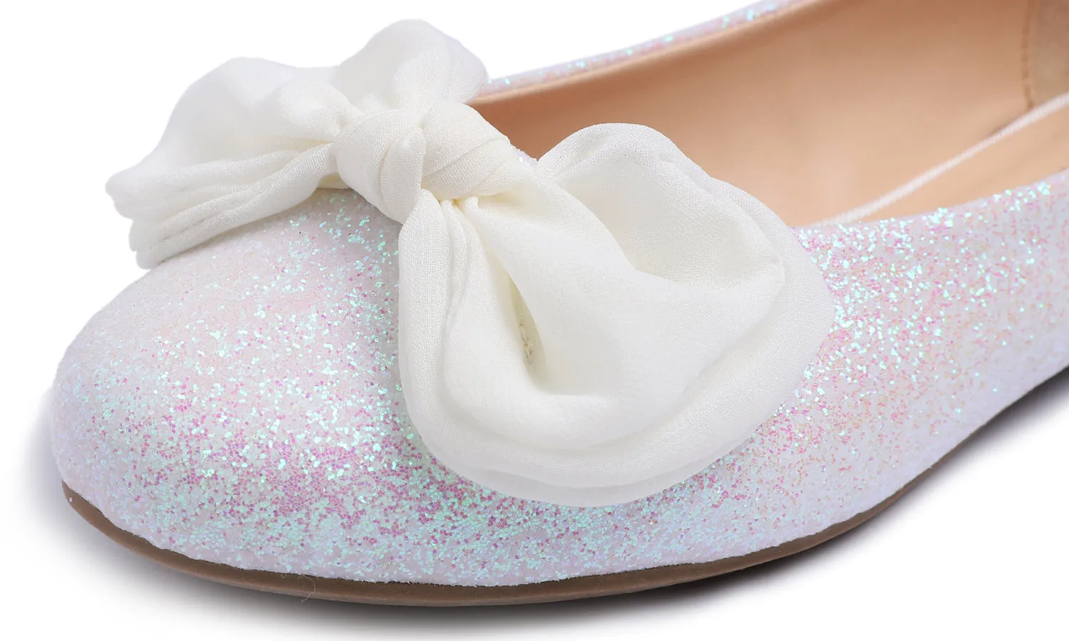 Feversole Women's Round Toe Cute Bow Trim Ballet Flats White Glitter