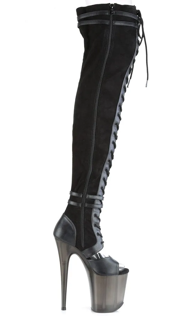 FLAMINGO-3027 Black Suede & Faux Leather Thigh High Boots