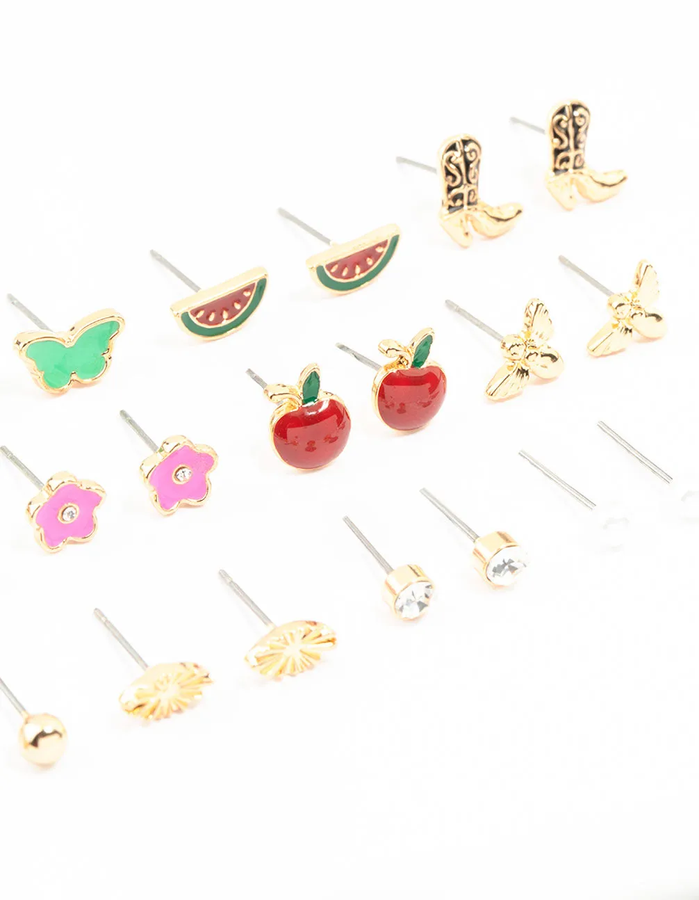 Gold Cherry & Boot Stud Earrings Pack 12-Pack