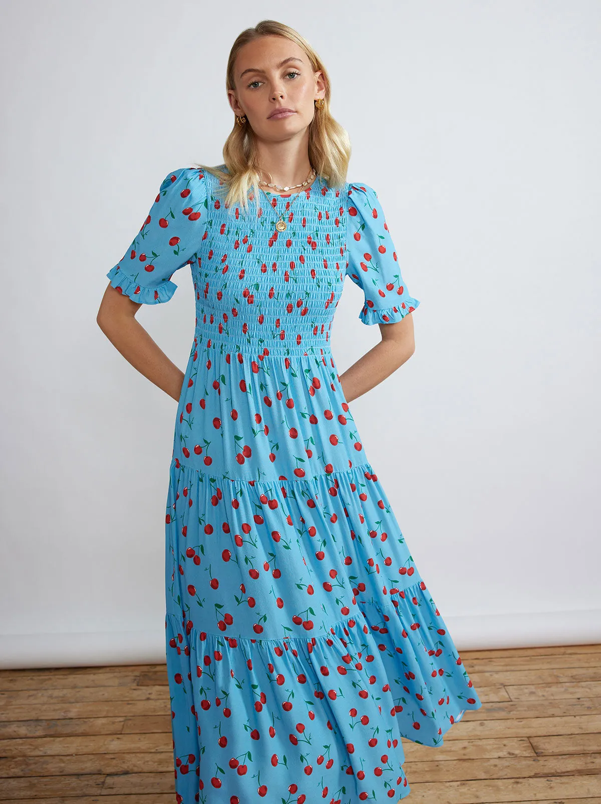 Gracie Blue Cherry Shirred Dress