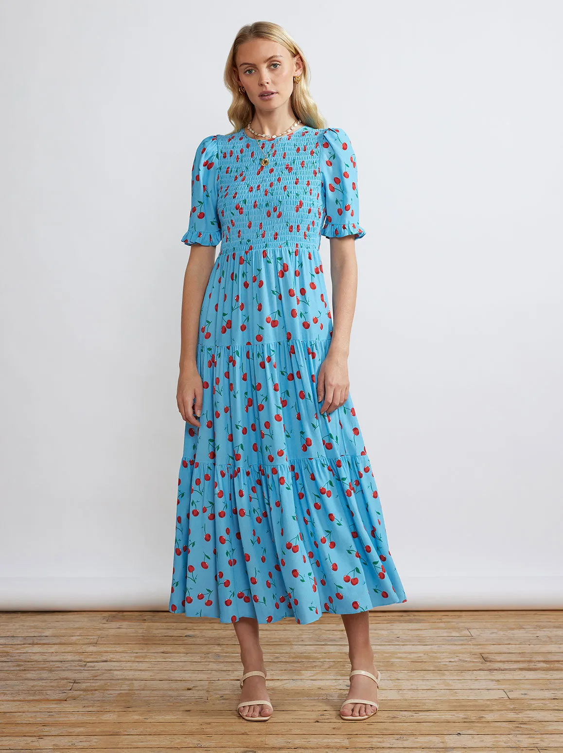 Gracie Blue Cherry Shirred Dress