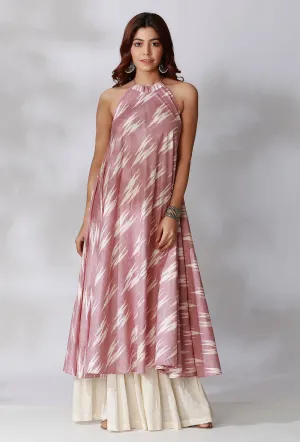 Halter Neck Pastel Pink Flared Ikkat Kurta