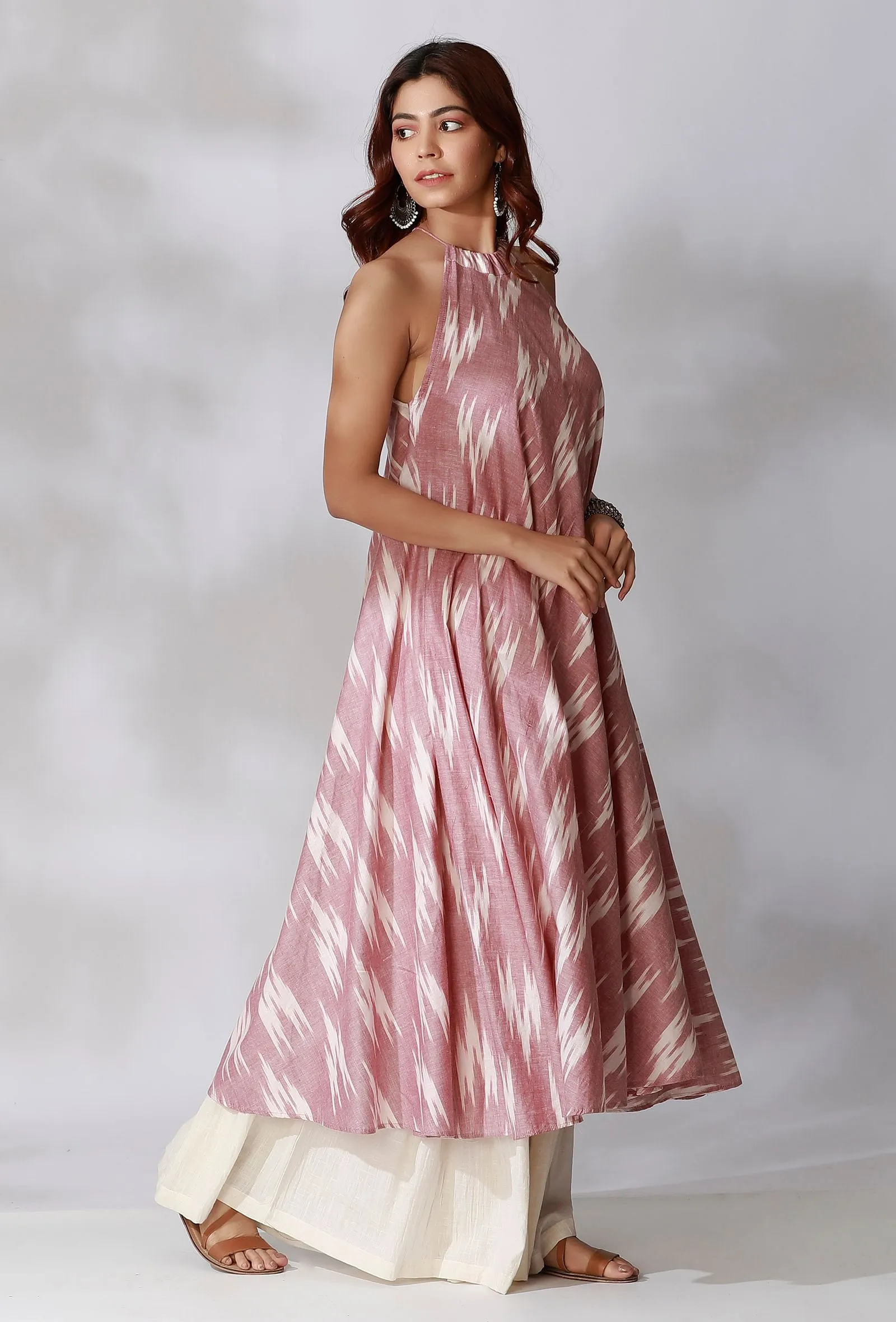 Halter Neck Pastel Pink Flared Ikkat Kurta