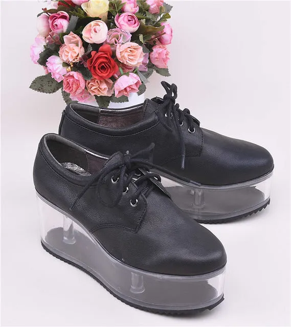 Individual Transparent Flat Platform Shoes Hollow Clear Heel Cross Tied Black White Casual Shoes Woman