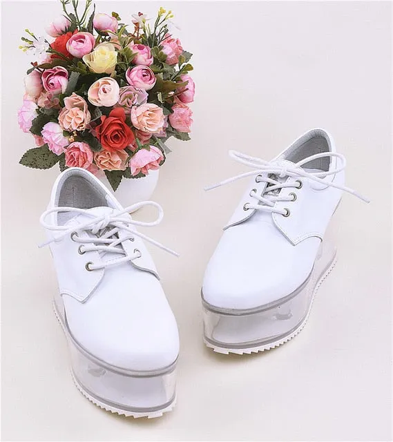 Individual Transparent Flat Platform Shoes Hollow Clear Heel Cross Tied Black White Casual Shoes Woman