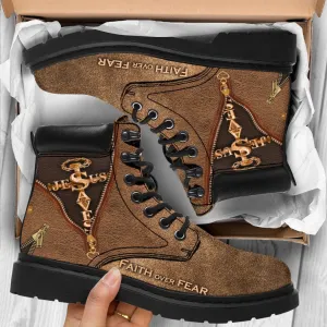 Jesus Faith Over Fear Leather Boots Brown - Christian Shoes For Men And Women