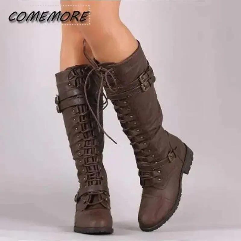 Knee High Boots for Women: Sexy Steampunk PU Retro Buckle Woman Boots