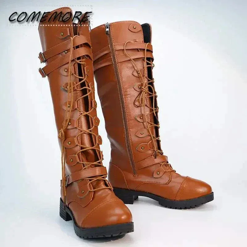 Knee High Boots for Women: Sexy Steampunk PU Retro Buckle Woman Boots