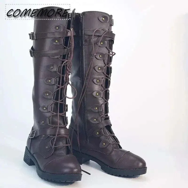 Knee High Boots for Women: Sexy Steampunk PU Retro Buckle Woman Boots