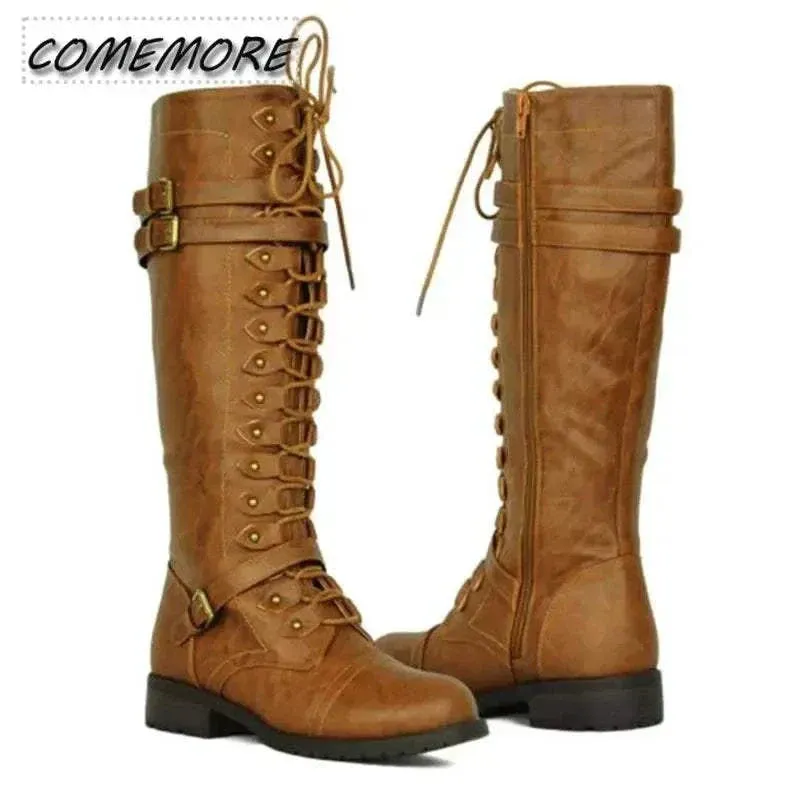 Knee High Boots for Women: Sexy Steampunk PU Retro Buckle Woman Boots