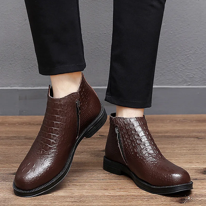 Luxury CrocLeather Fur-Trimmed Trendy Men's Boots