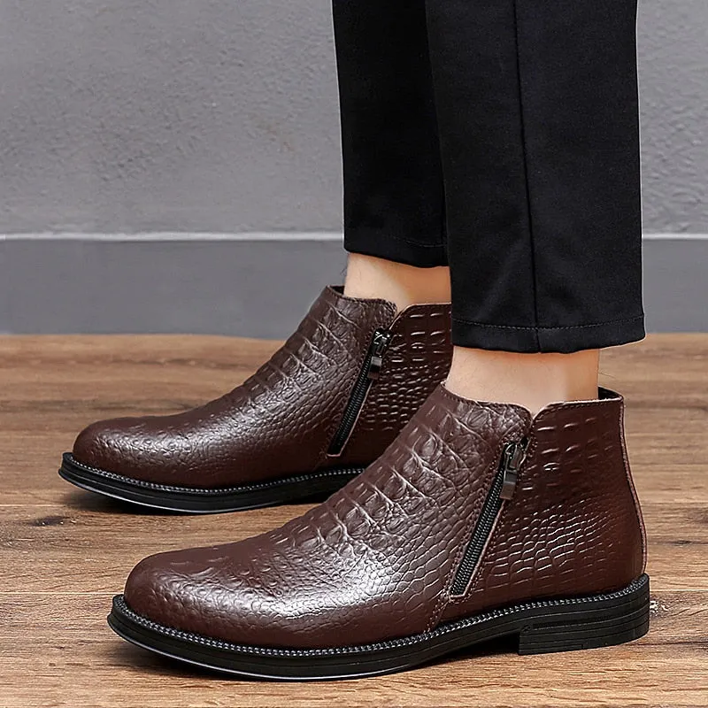 Luxury CrocLeather Fur-Trimmed Trendy Men's Boots