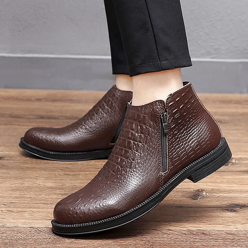 Luxury CrocLeather Fur-Trimmed Trendy Men's Boots