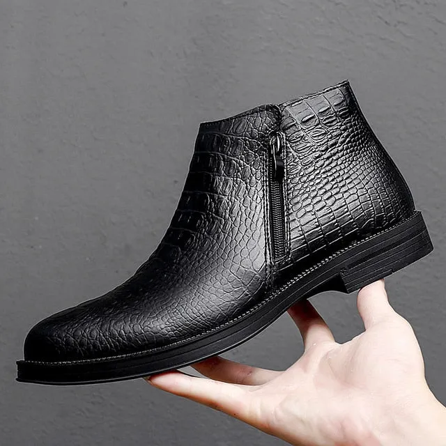 Luxury CrocLeather Fur-Trimmed Trendy Men's Boots