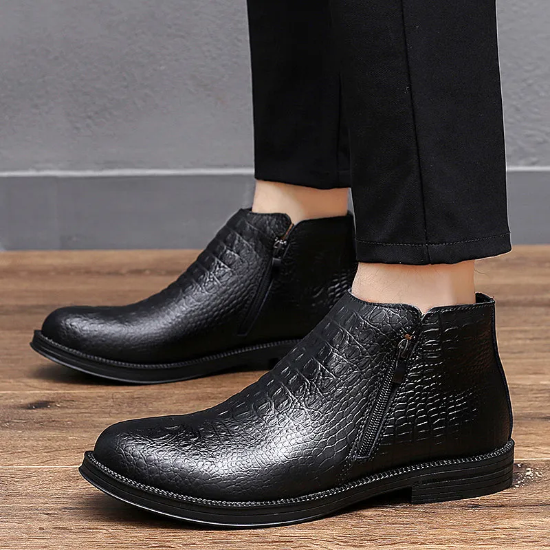 Luxury CrocLeather Fur-Trimmed Trendy Men's Boots