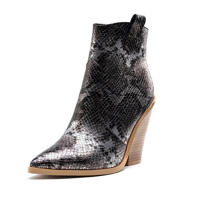 Luxury Snake Print Western High Heel Boots