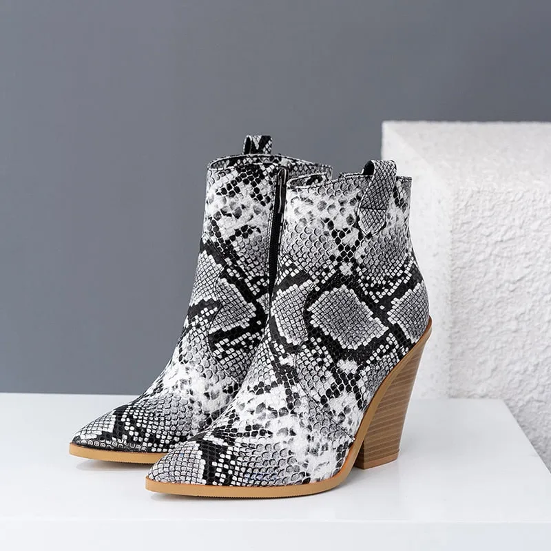 Luxury Snake Print Western High Heel Boots