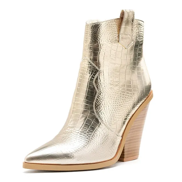 Luxury Snake Print Western High Heel Boots