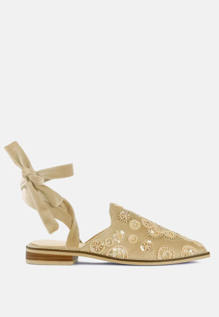 Mande Embroidered Velvet Mules in Beige