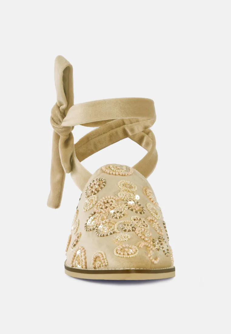 Mande Embroidered Velvet Mules in Beige