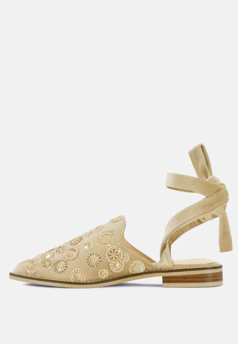 Mande Embroidered Velvet Mules in Beige