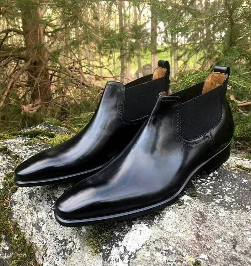 Men Black Leather Chelsea Boots, Men Casual Fashion Black Ankle Boots