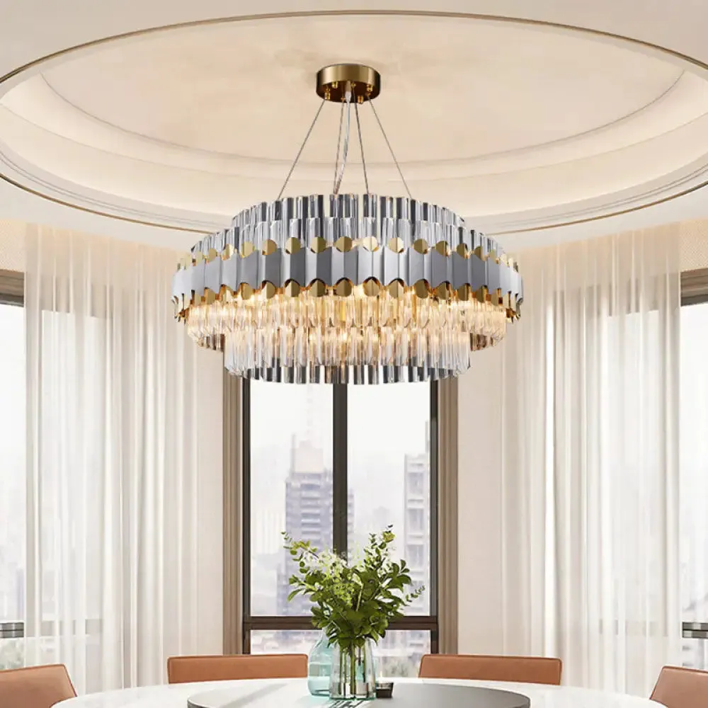 Modern Crystal Pendant Light with Clear Round Ceiling Mount - 12 Heads, Gold Finish - Ideal for Restaurants