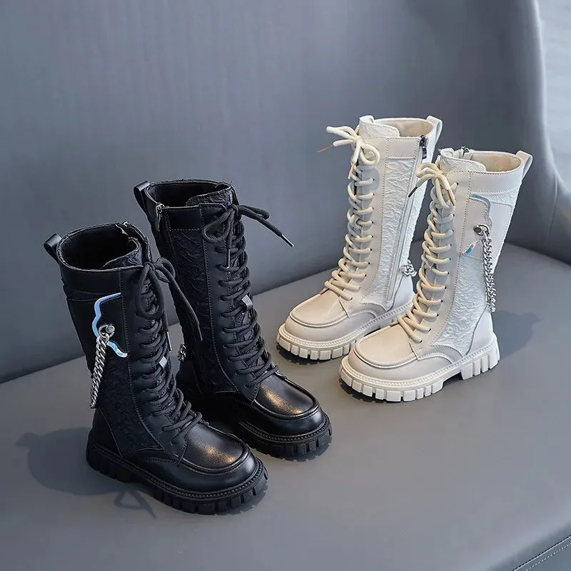 MOF Kids Fashion Knight Boots for Spring and Autumn Breathable Stylish and Chain-Decorated