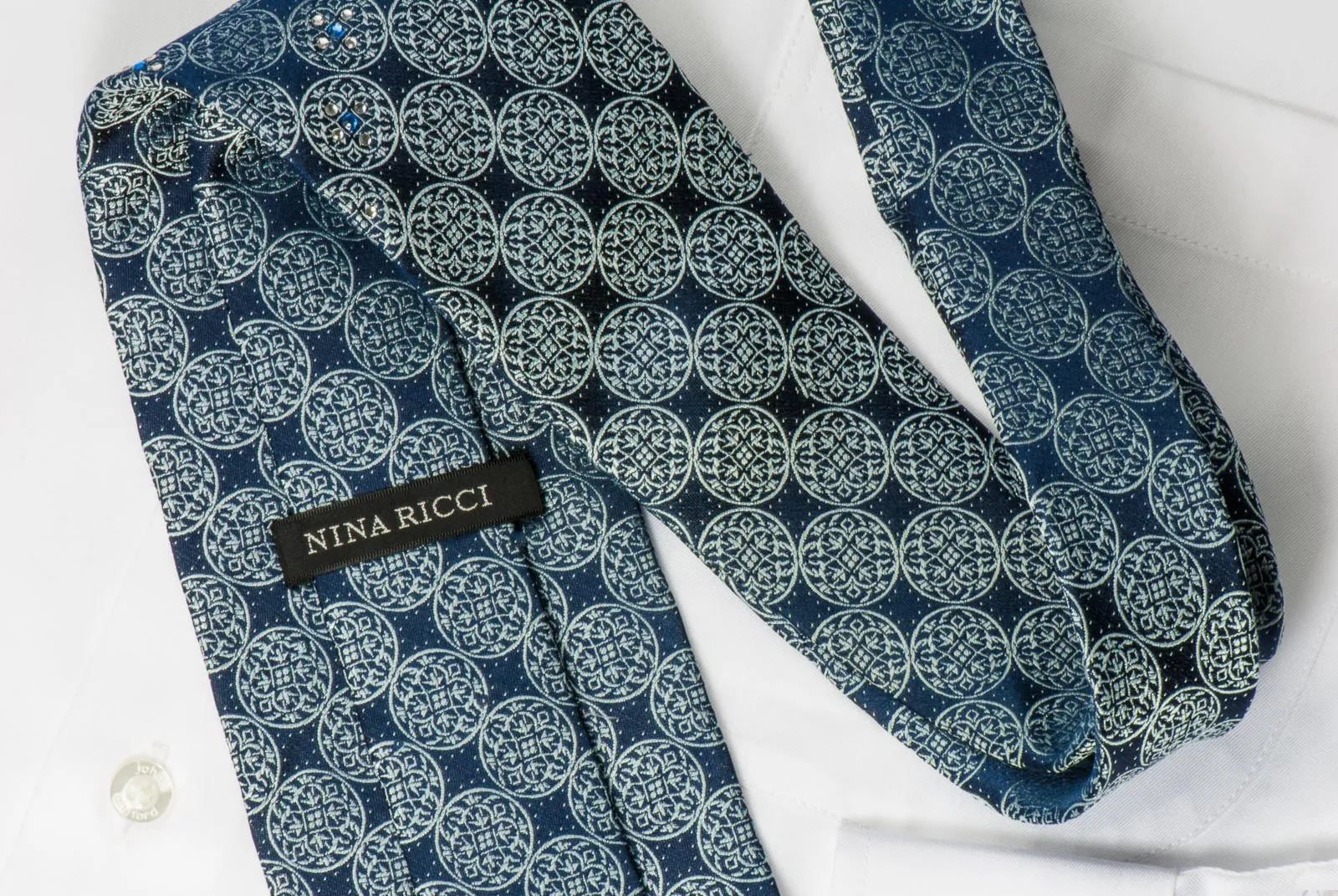 Nina Ricci Silk Necktie Medallions On Blue With Crystal Rhinestones