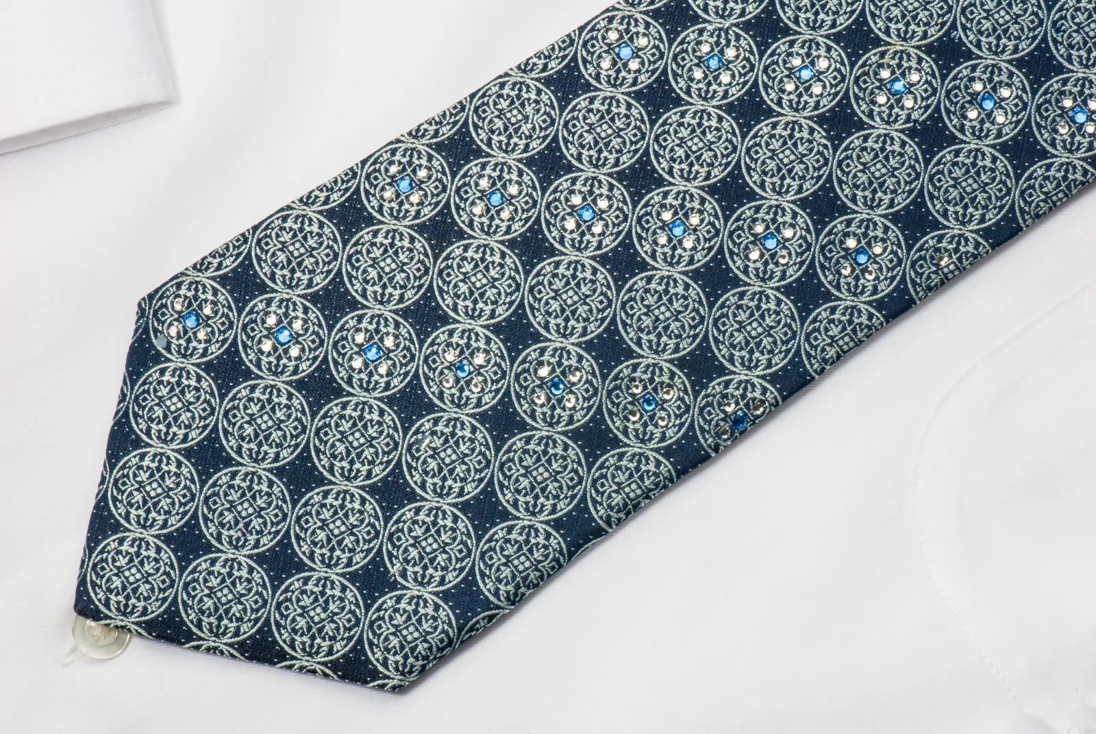 Nina Ricci Silk Necktie Medallions On Blue With Crystal Rhinestones