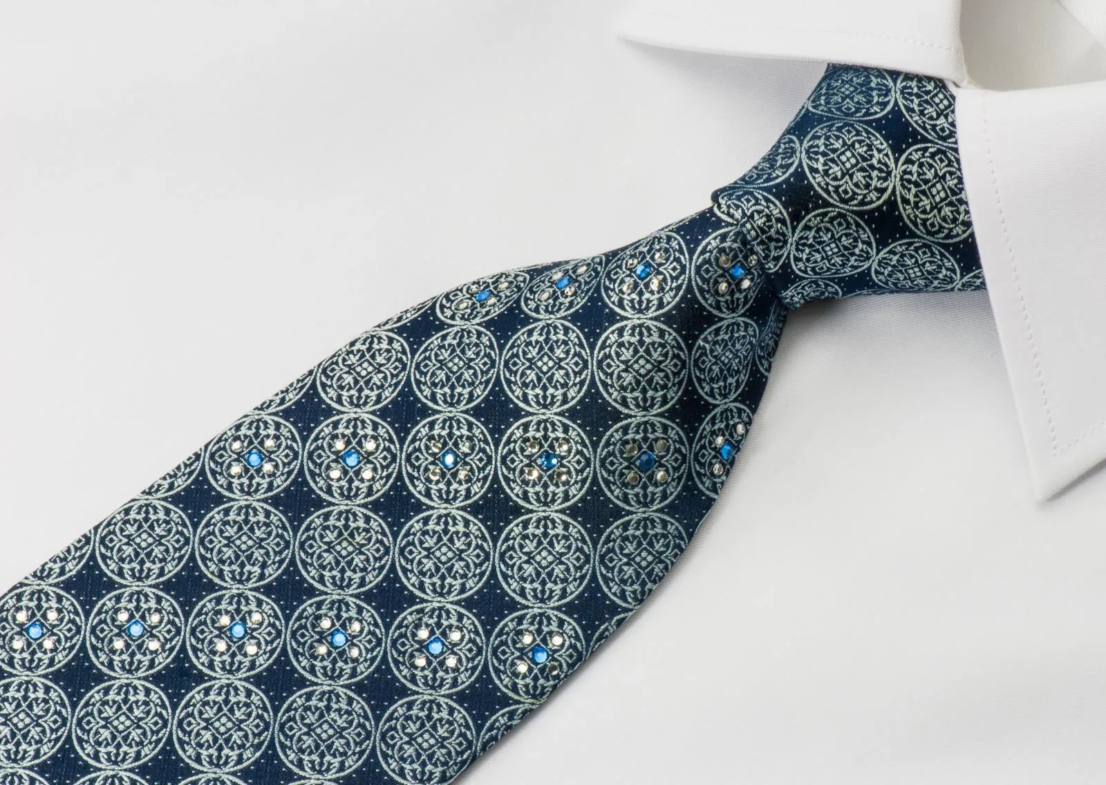 Nina Ricci Silk Necktie Medallions On Blue With Crystal Rhinestones