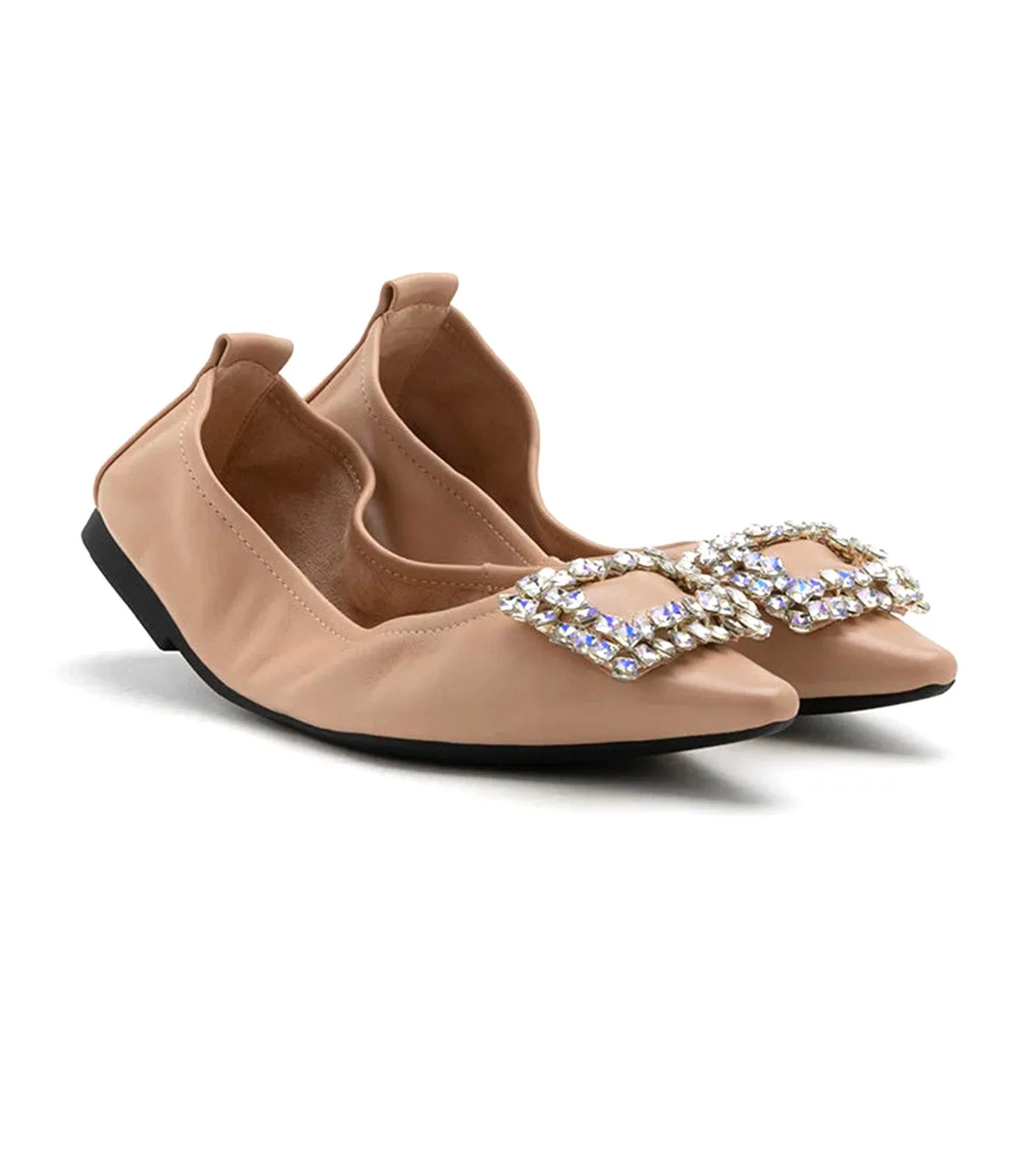 Odessa Embellished Buckle Foldable Flats Almond