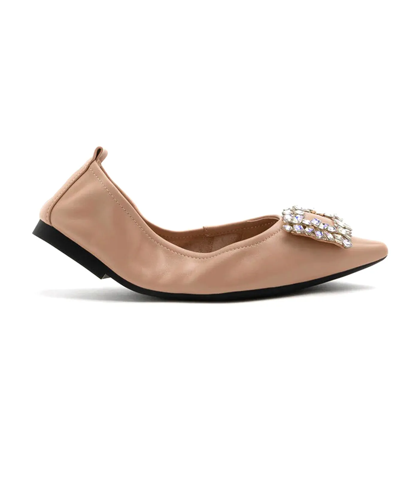 Odessa Embellished Buckle Foldable Flats Almond