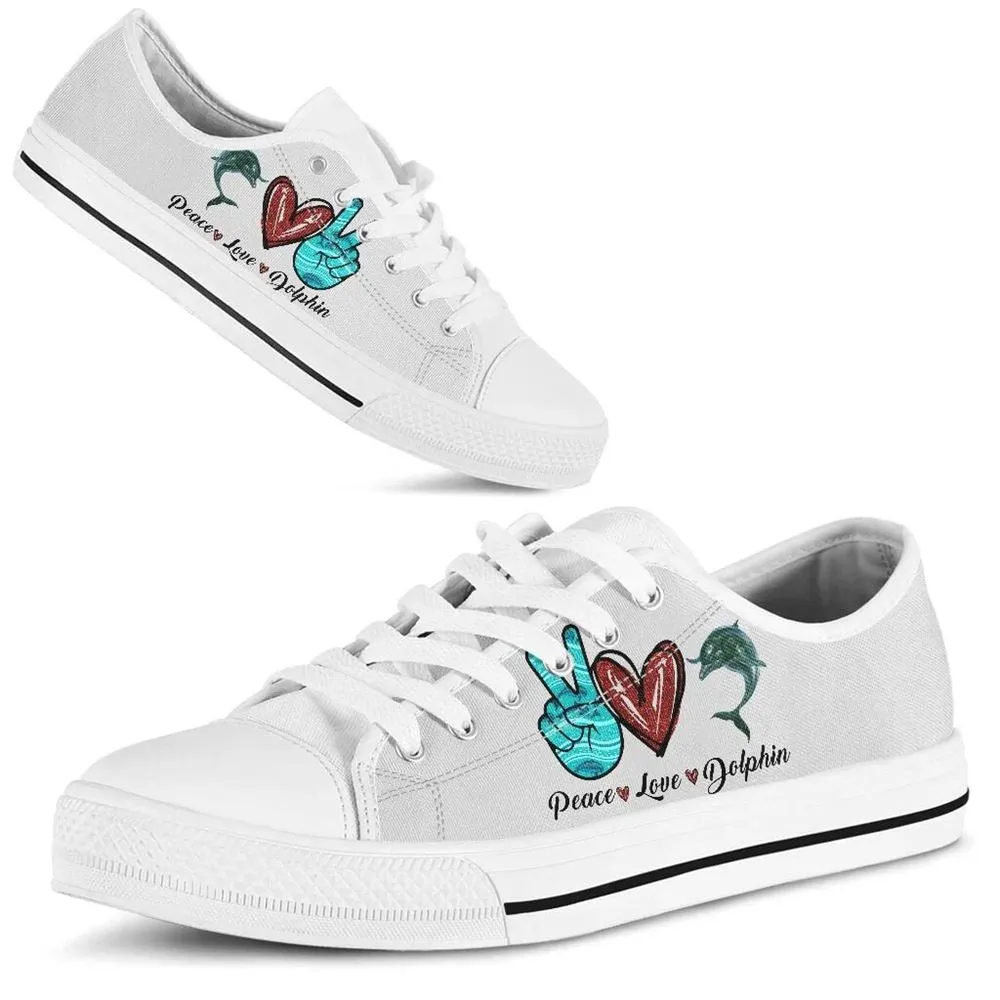 Peace Love Dolphin Sign Low Top Shoes, Animal Print Canvas Shoes, Print On Canvas Shoes